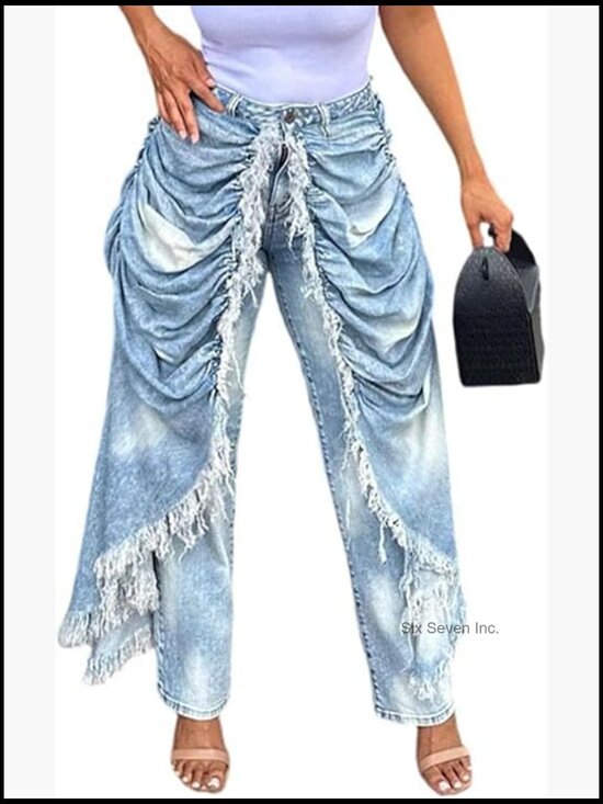 Denim - High Waisted Patchwork Jeans Baggy Wide Leg Frayed Fringe Ruched Cargo Harem